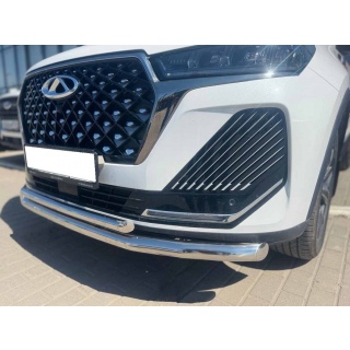 Защита переднего бампера двойная из нержавеющей стали d60-42 мм Chery Tiggo 7 Pro MAX (Чери Тигго 7 Про МАКС) с 2024 года выпуска