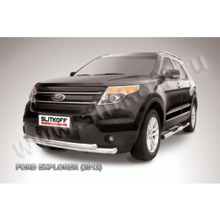 Защита переднего бампера двойная d76-57 мм из нержавеющей стали FORD Explorer (Форд Експлорер) с 2012 года выпуска