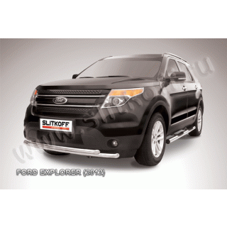 Защита переднего бампера двойная d57-57 мм из нержавеющей стали FORD Explorer (Форд Експлорер) с 2012 года выпуска