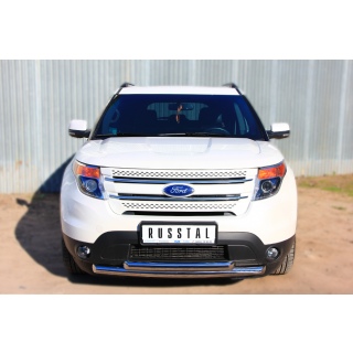Защита переднего бампера двойная d63-63 мм из нержавеющей стали FORD Explorer (Форд Експлорер) с 2012 года выпуска