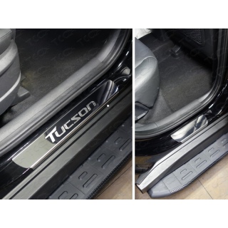 Накладки на порог с надписью, зеркальный лист Hyundai Tucson (Хендай Туссан) с 2015 г.в.