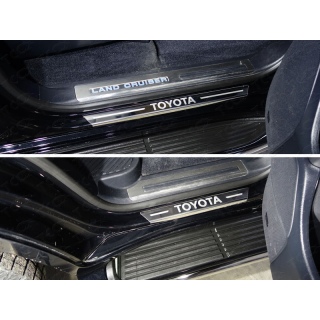 Накладки на пороги с гибом (лист зеркальный надпись Toyota) TOYOTA Land Cruiser 200 Executive (Тойота Ленд Крузер 200 Executive)